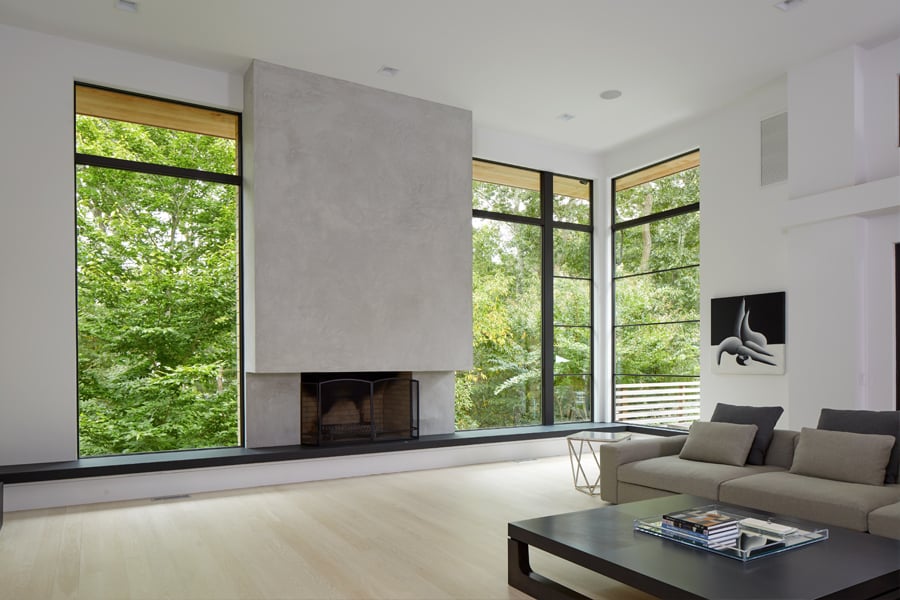 Modern living room with E-Series picture windows; Black exteriors and Black painted interiors