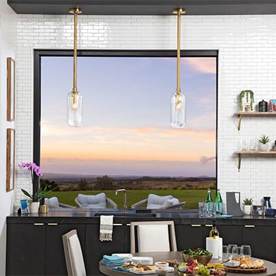 Andersen pass-through window in black and white modern kitchen