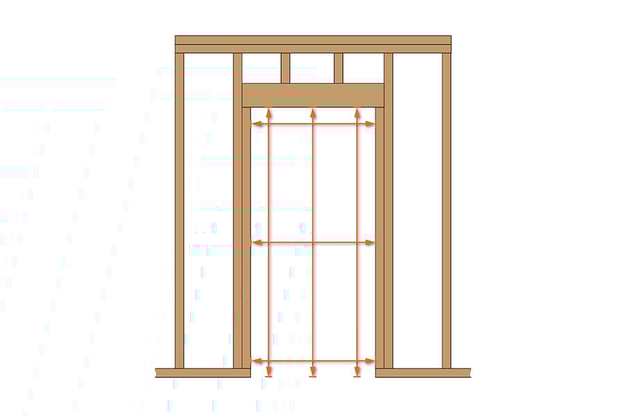 An illustration showing a framed-out wall with rough opening for door and lines indicating where to measure the rough opening for height and width when trying to determine the correct door size.