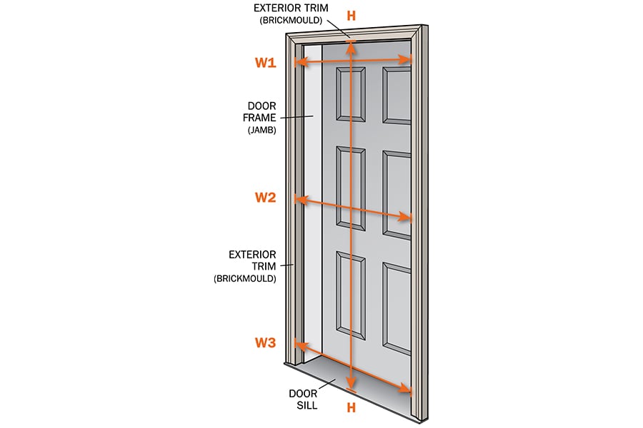 An illustration of a front door with labels showing where to measure the space to determine what size storm door is needed.