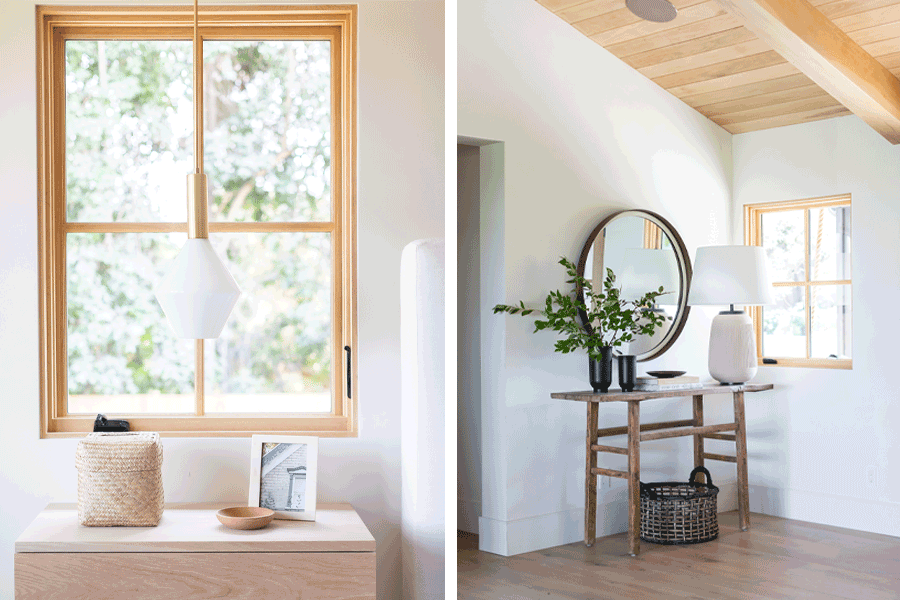White oak casement windows with grilles dividing the glass symmetrically into a two-over-two pattern.
