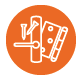 hinge and tool illustration in white inside orange circle